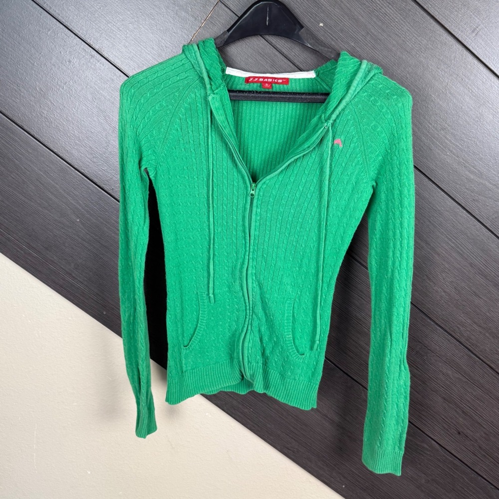 J.J. Basics Women's Small Y2K Green Cable Knit Zip Up Hoodie Dolphin Logo